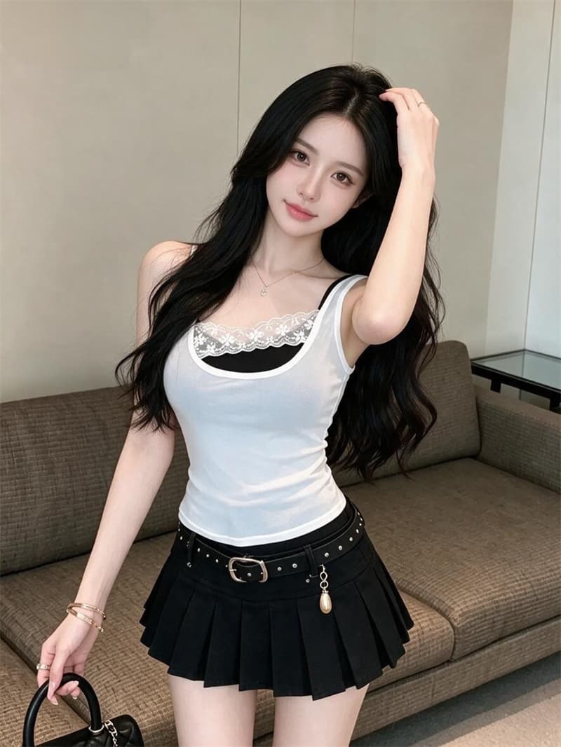 실사 정가 섹시함 핫걸 태국 사람 스타일 페이크 레이어드 배색 망사 캐미솔 몸매 가꾸기 슬림해 보이는 고정 가슴 패드 상세 이미지 13