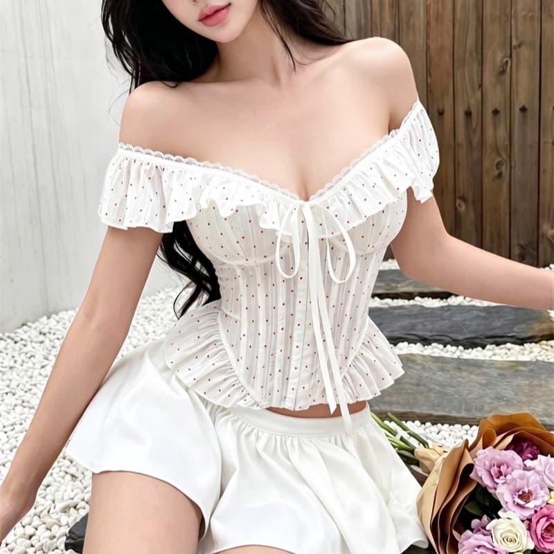 실사 정가 프랑스식 전원 바람 프릴 레이스 오프숄더 스트랩 캐미솔 순수한 욕망 핫걸 몸매 가꾸기 이미지 3