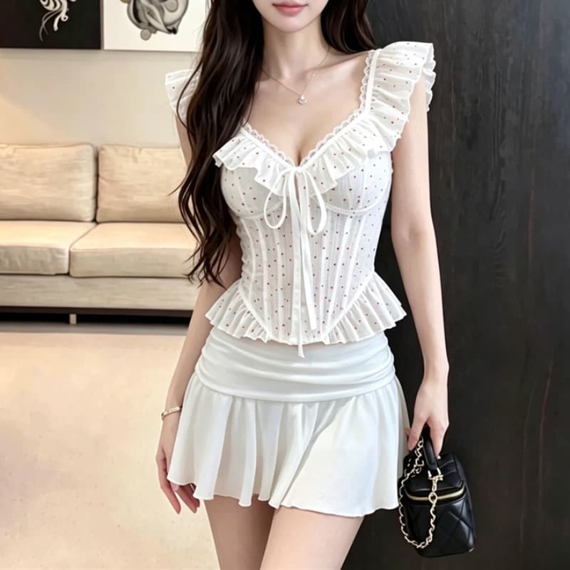 실사 정가 프랑스식 전원 바람 프릴 레이스 오프숄더 스트랩 캐미솔 순수한 욕망 핫걸 몸매 가꾸기 이미지 5