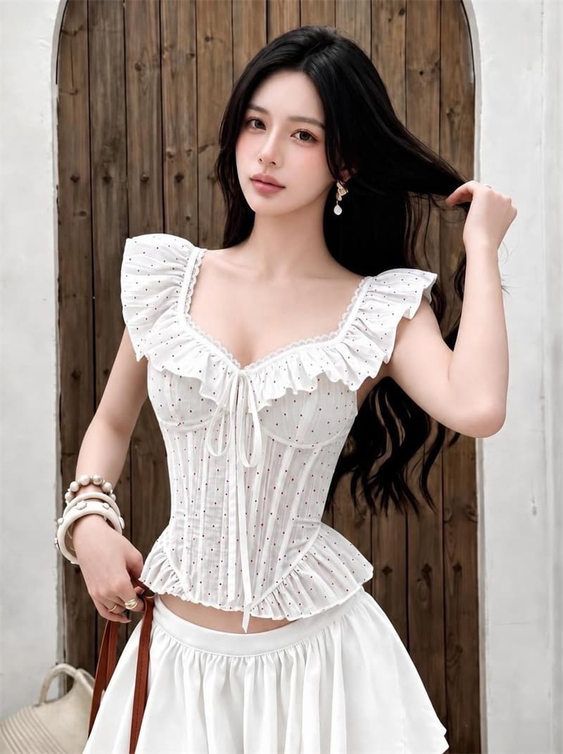 실사 정가 프랑스식 전원 바람 프릴 레이스 오프숄더 스트랩 캐미솔 순수한 욕망 핫걸 몸매 가꾸기 이미지 4
