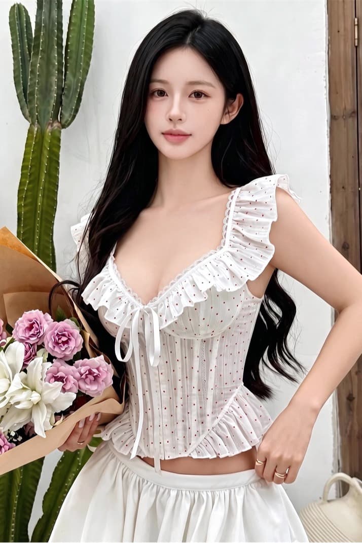 실사 정가 프랑스식 전원 바람 프릴 레이스 오프숄더 스트랩 캐미솔 순수한 욕망 핫걸 몸매 가꾸기 이미지 7