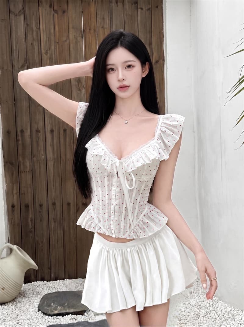 실사 정가 프랑스식 전원 바람 프릴 레이스 오프숄더 스트랩 캐미솔 순수한 욕망 핫걸 몸매 가꾸기 상세 이미지 5