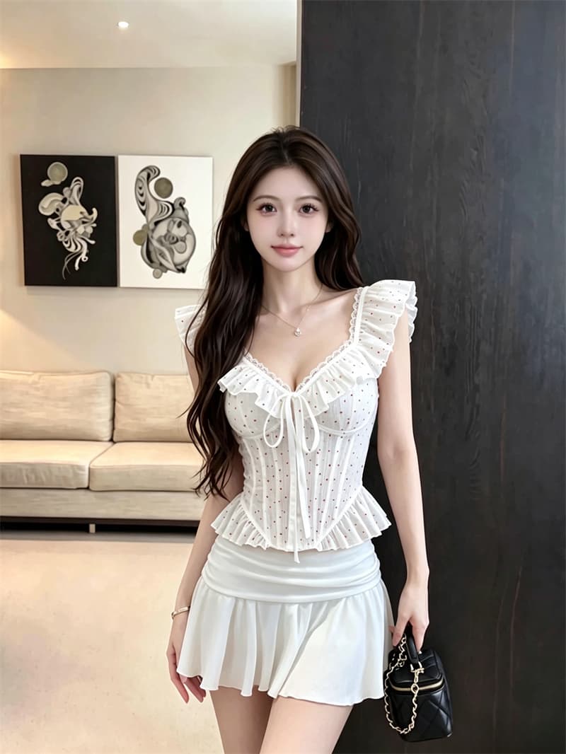 실사 정가 프랑스식 전원 바람 프릴 레이스 오프숄더 스트랩 캐미솔 순수한 욕망 핫걸 몸매 가꾸기 상세 이미지 9