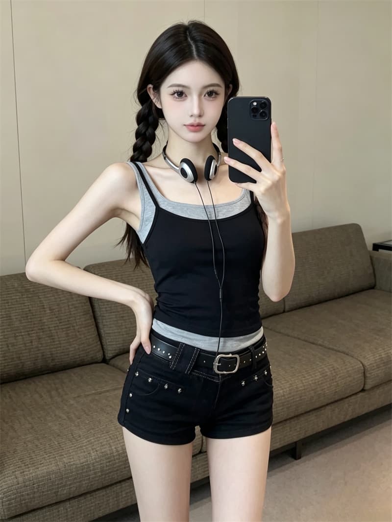 실사 정가 배색 페이크 레이어드 캐미솔 여름 아메리칸 핫걸 인사이드 가져 가라. 아름다움 뒤로 고정 가슴 패드 상세 이미지 14