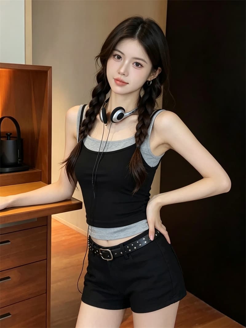 실사 정가 배색 페이크 레이어드 캐미솔 여름 아메리칸 핫걸 인사이드 가져 가라. 아름다움 뒤로 고정 가슴 패드 상세 이미지 15
