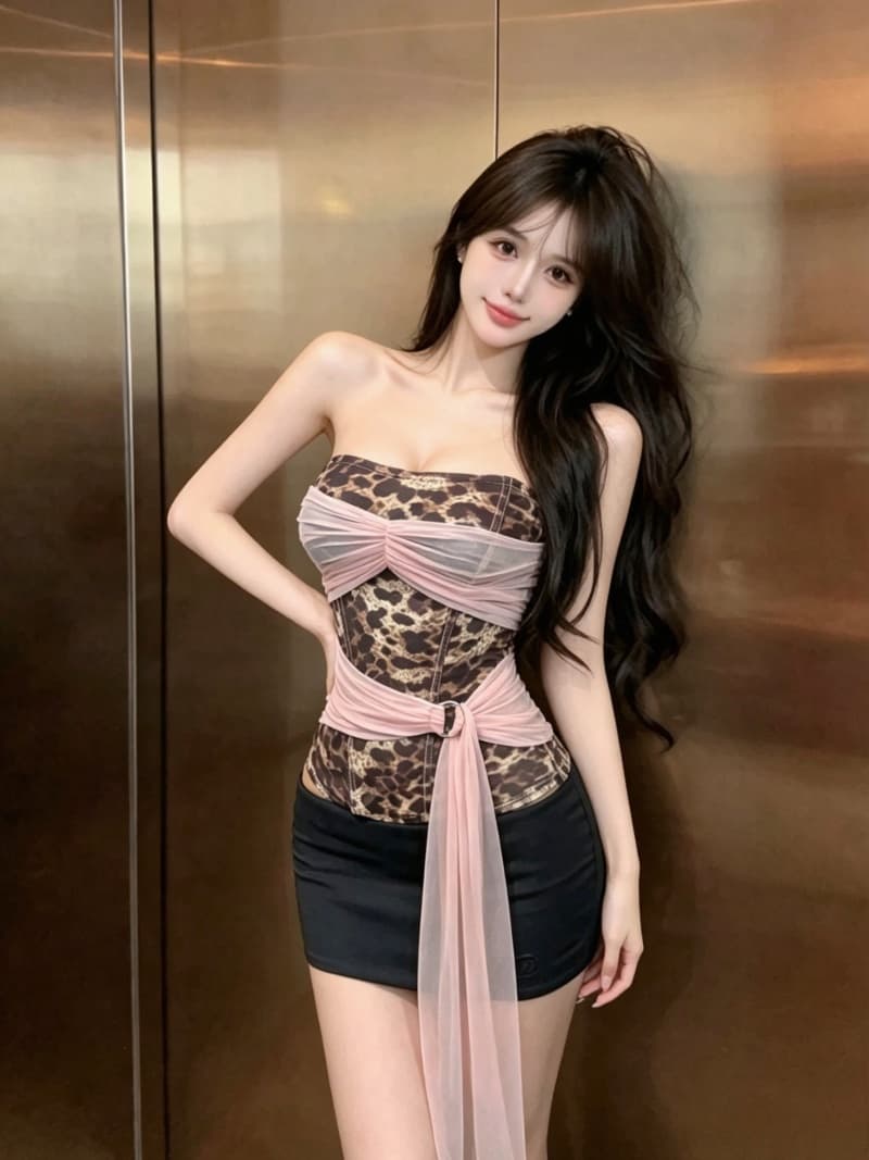실사 정가 아메리칸 핫걸 디자인 센스 레오파드 무늬 프린트 망사 리본 튜브탑 맨위 생선뼈 슬림해 보이는 외출용 상세 이미지 8