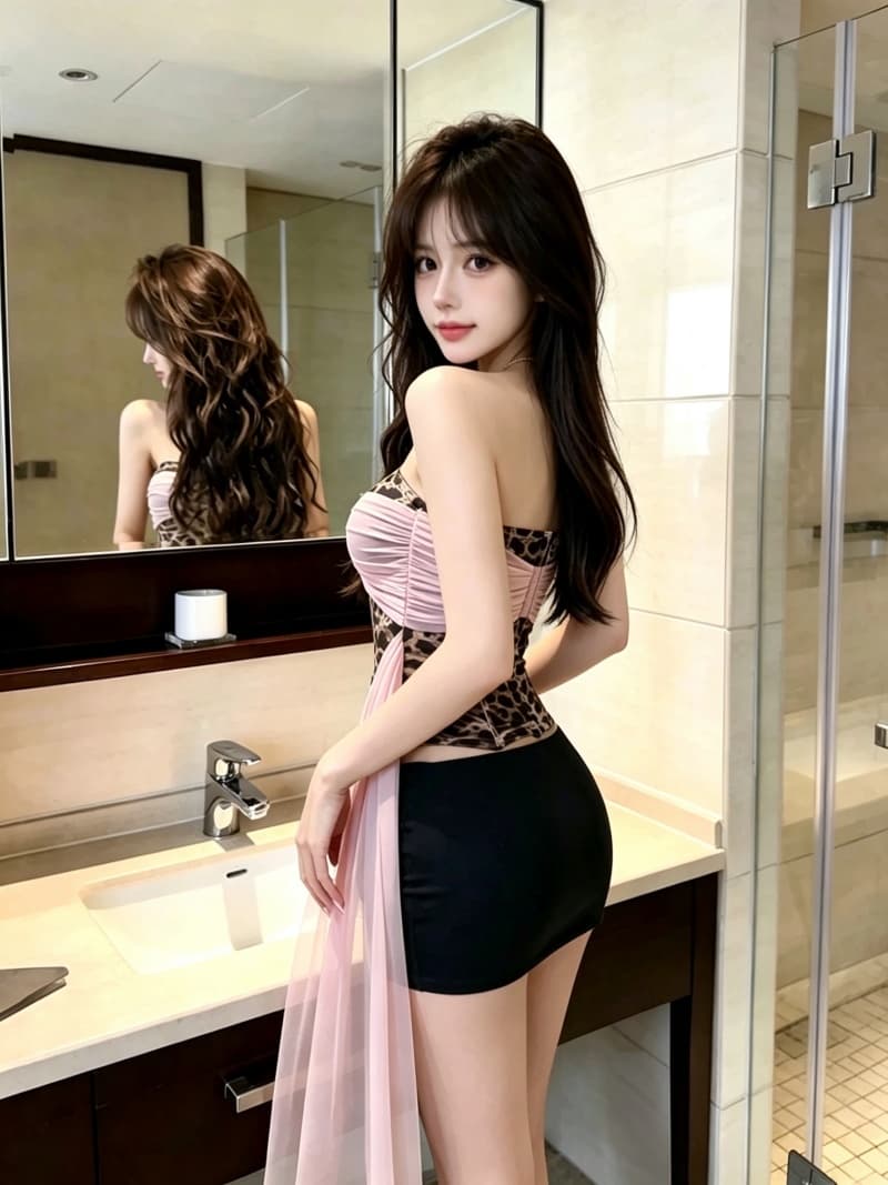 실사 정가 아메리칸 핫걸 디자인 센스 레오파드 무늬 프린트 망사 리본 튜브탑 맨위 생선뼈 슬림해 보이는 외출용 상세 이미지 10