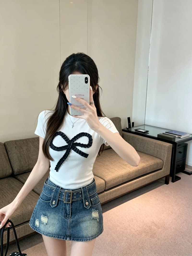 실사 실제 여름 새로운 순수한 욕망 귀여운 바람 나비 매듭 몸매 가꾸기 반팔 티셔츠 맨위 여성 고정 가슴 패드 상세 이미지 4