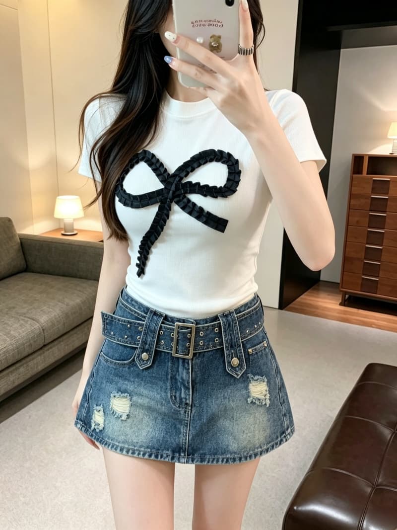 실사 실제 여름 새로운 순수한 욕망 귀여운 바람 나비 매듭 몸매 가꾸기 반팔 티셔츠 맨위 여성 고정 가슴 패드 상세 이미지 6