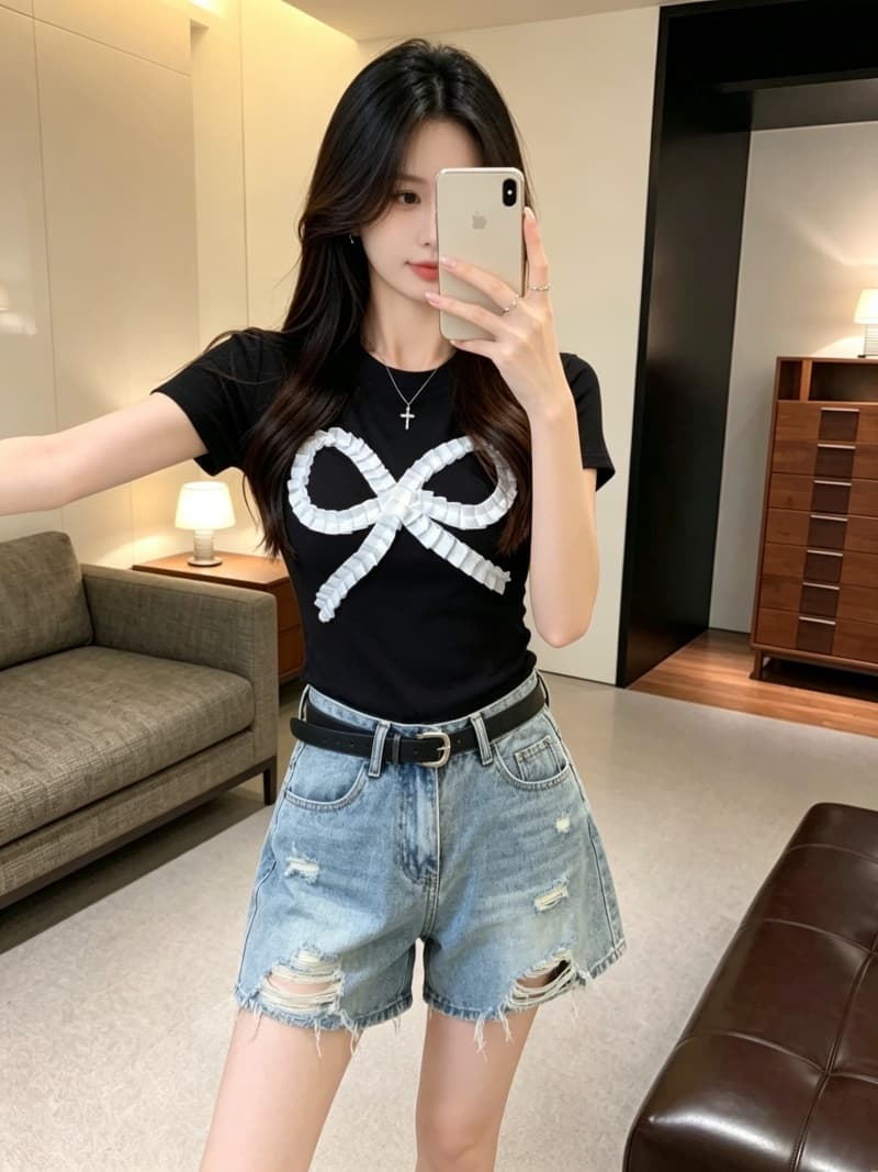 실사 실제 여름 새로운 순수한 욕망 귀여운 바람 나비 매듭 몸매 가꾸기 반팔 티셔츠 맨위 여성 고정 가슴 패드 상세 이미지 7