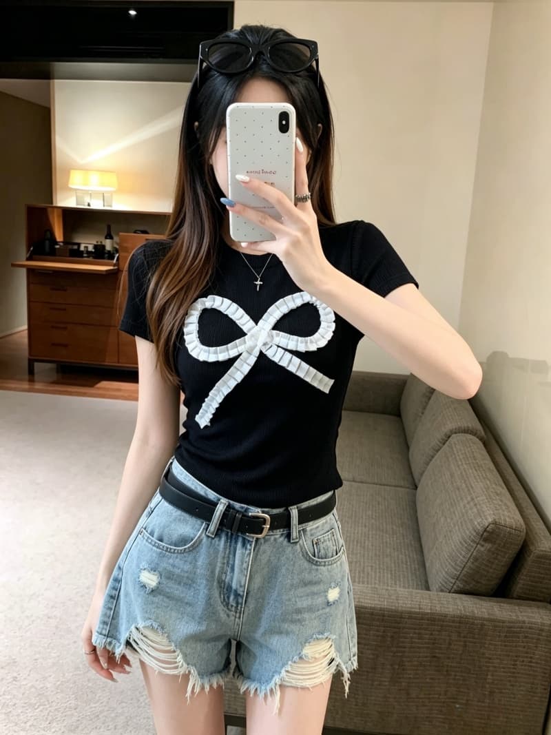 실사 실제 여름 새로운 순수한 욕망 귀여운 바람 나비 매듭 몸매 가꾸기 반팔 티셔츠 맨위 여성 고정 가슴 패드 상세 이미지 8