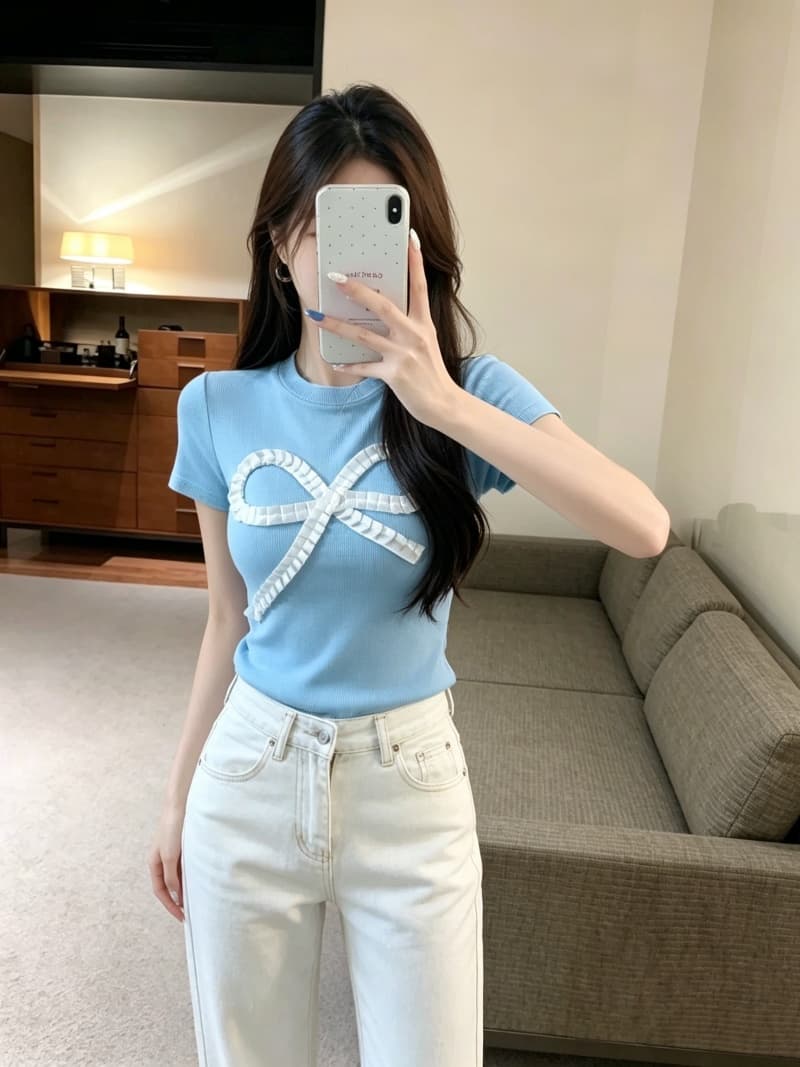 실사 실제 여름 새로운 순수한 욕망 귀여운 바람 나비 매듭 몸매 가꾸기 반팔 티셔츠 맨위 여성 고정 가슴 패드 상세 이미지 10