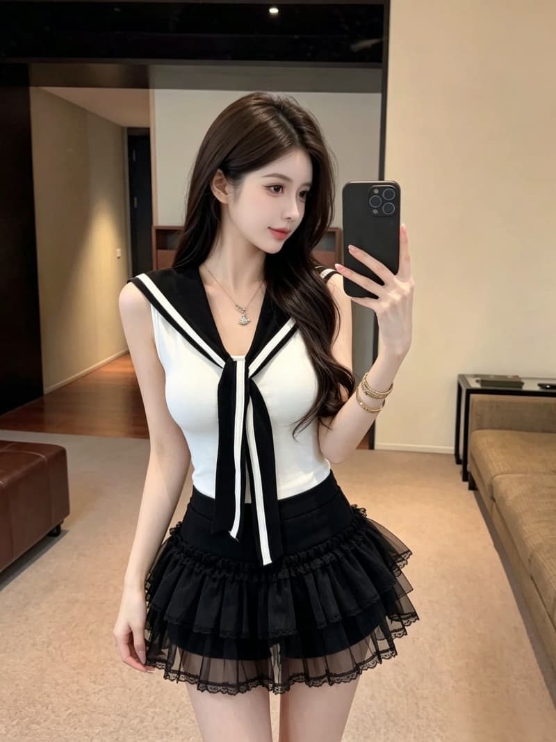 실사 정가 여름 학원 스타일 넥타이 배색 디자인 조끼 몸매 가꾸기 해군 칼라 민소매 맨위 고정 가슴 패드 상세 이미지 6