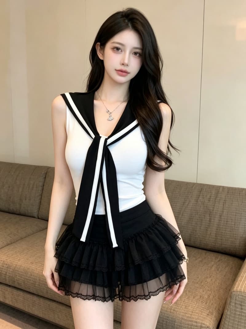 실사 정가 여름 학원 스타일 넥타이 배색 디자인 조끼 몸매 가꾸기 해군 칼라 민소매 맨위 고정 가슴 패드 상세 이미지 7