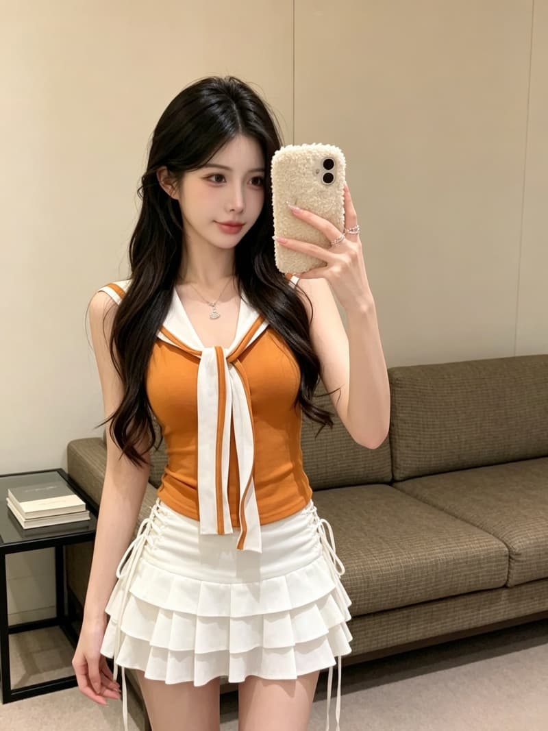 실사 정가 여름 학원 스타일 넥타이 배색 디자인 조끼 몸매 가꾸기 해군 칼라 민소매 맨위 고정 가슴 패드 상세 이미지 10