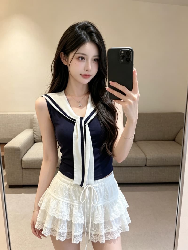 실사 정가 여름 학원 스타일 넥타이 배색 디자인 조끼 몸매 가꾸기 해군 칼라 민소매 맨위 고정 가슴 패드 상세 이미지 13