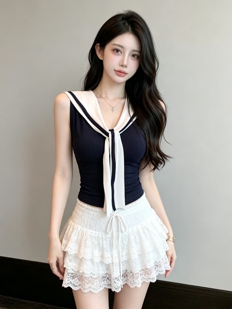 실사 정가 여름 학원 스타일 넥타이 배색 디자인 조끼 몸매 가꾸기 해군 칼라 민소매 맨위 고정 가슴 패드 상세 이미지 14