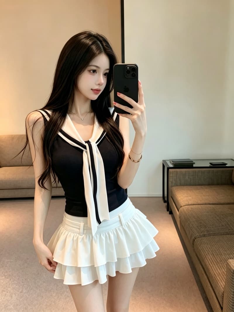 실사 정가 여름 학원 스타일 넥타이 배색 디자인 조끼 몸매 가꾸기 해군 칼라 민소매 맨위 고정 가슴 패드 상세 이미지 15