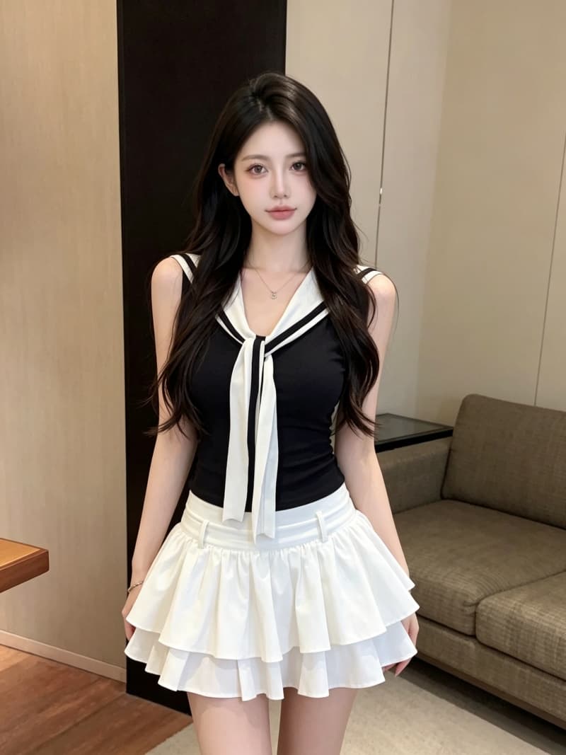 실사 정가 여름 학원 스타일 넥타이 배색 디자인 조끼 몸매 가꾸기 해군 칼라 민소매 맨위 고정 가슴 패드 상세 이미지 16