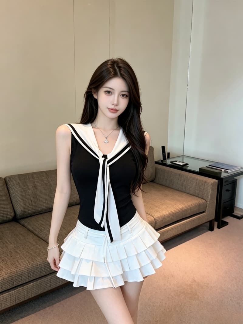 실사 정가 여름 학원 스타일 넥타이 배색 디자인 조끼 몸매 가꾸기 해군 칼라 민소매 맨위 고정 가슴 패드 상세 이미지 17