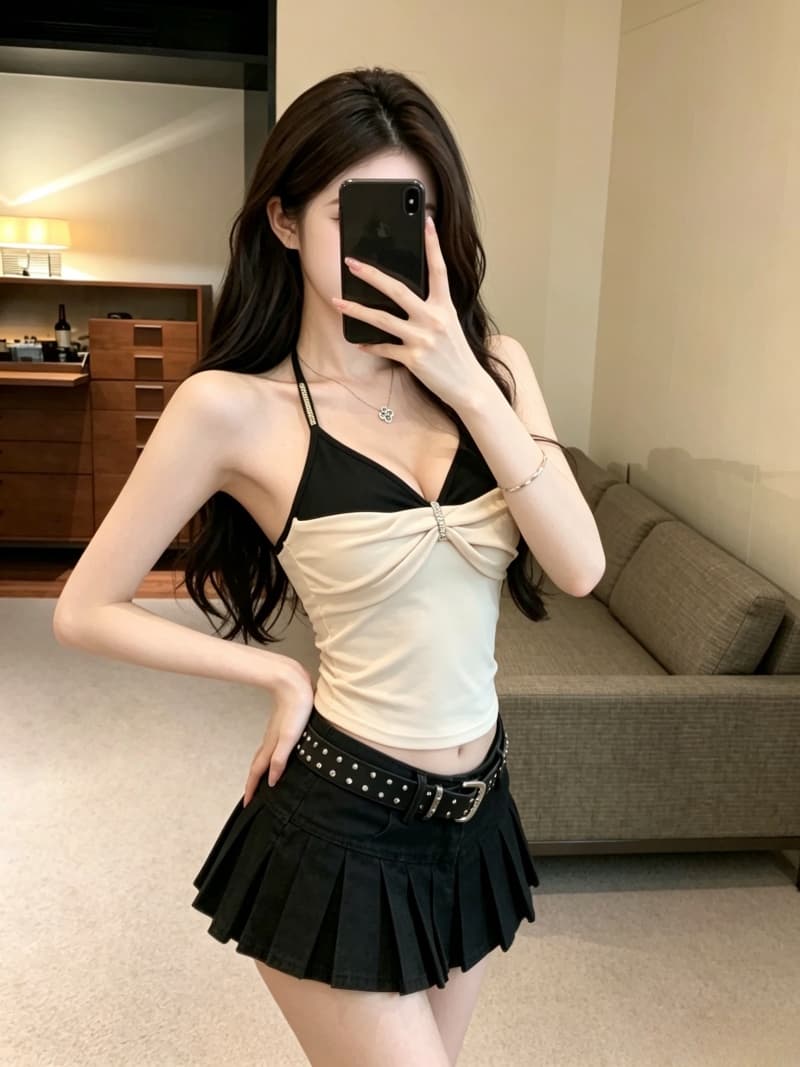 실사 정가 섹시함 핫걸 훈련 버클 패치워크 색상 페이크 레이어드 캐미솔 몸매 가꾸기 낮은 네크라인 맨위 포함 가슴 패드 상세 이미지 11