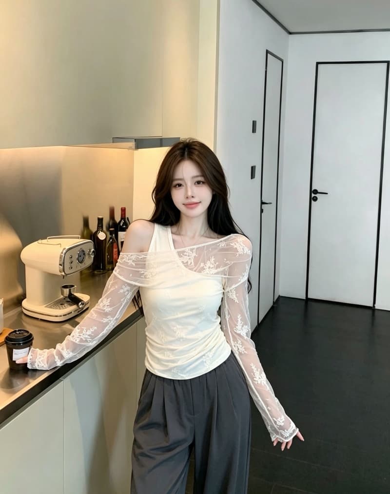 실사 정가 이른 가을 레이스 조각 페이크 레이어드 긴팔 티셔츠 불규칙 흔들다 칼라 한 단어 어깨 벨트 가슴 패드 상세 이미지 7