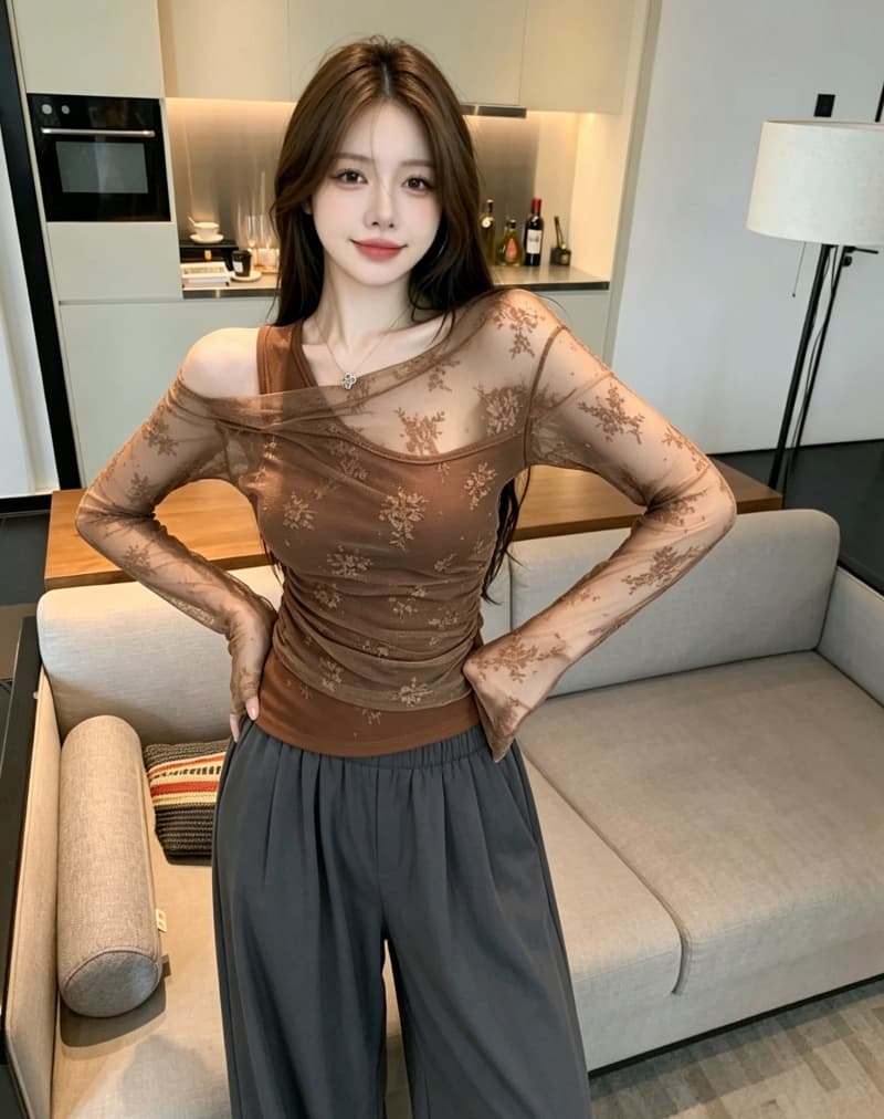 실사 정가 이른 가을 레이스 조각 페이크 레이어드 긴팔 티셔츠 불규칙 흔들다 칼라 한 단어 어깨 벨트 가슴 패드 상세 이미지 9