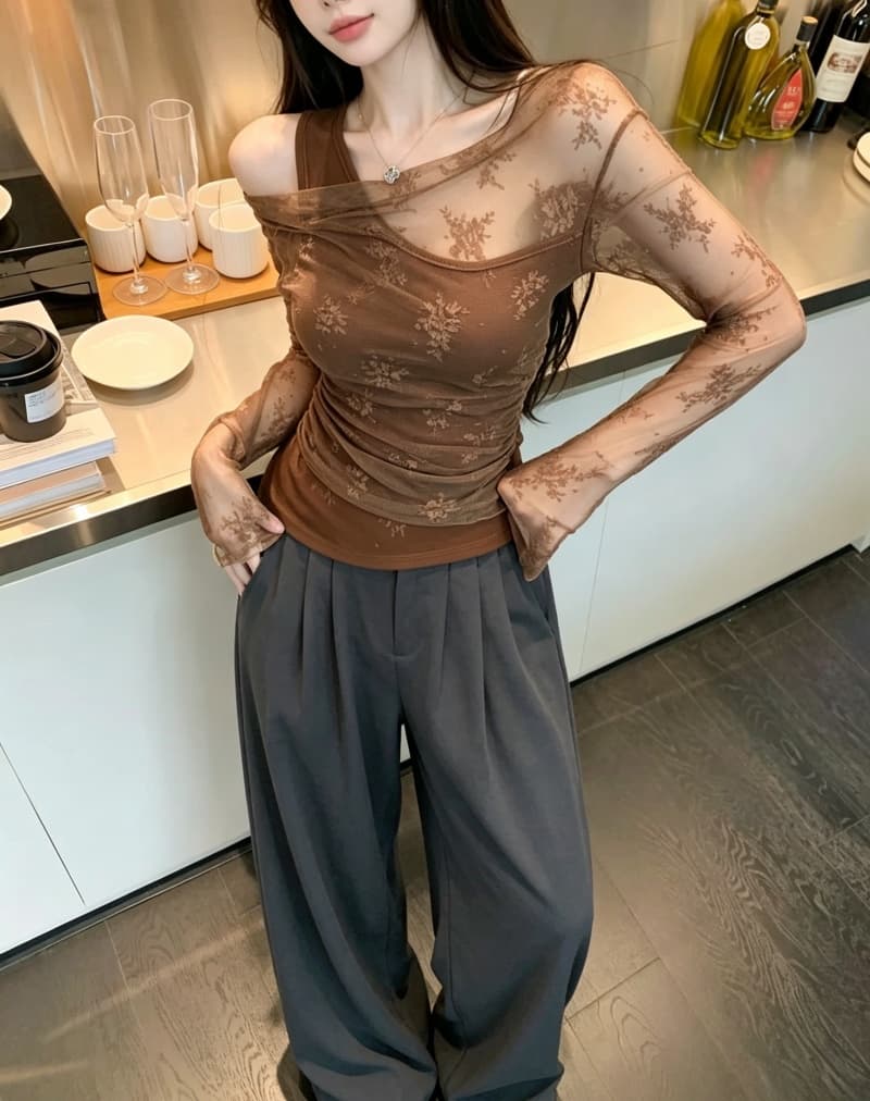 실사 정가 이른 가을 레이스 조각 페이크 레이어드 긴팔 티셔츠 불규칙 흔들다 칼라 한 단어 어깨 벨트 가슴 패드 상세 이미지 10
