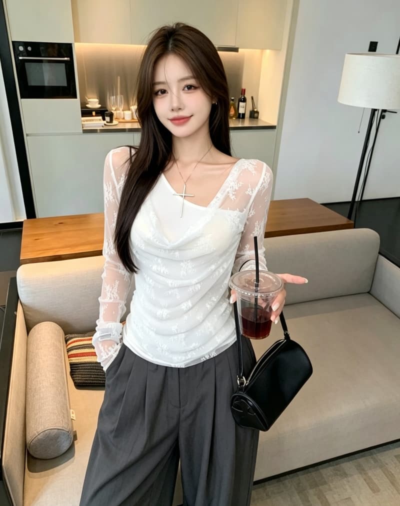 실사 정가 이른 가을 레이스 조각 페이크 레이어드 긴팔 티셔츠 불규칙 흔들다 칼라 한 단어 어깨 벨트 가슴 패드 상세 이미지 11