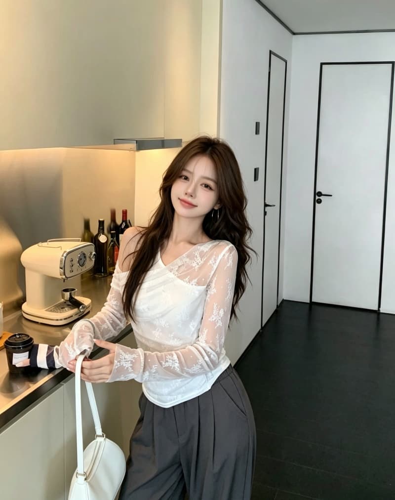 실사 정가 이른 가을 레이스 조각 페이크 레이어드 긴팔 티셔츠 불규칙 흔들다 칼라 한 단어 어깨 벨트 가슴 패드 상세 이미지 12