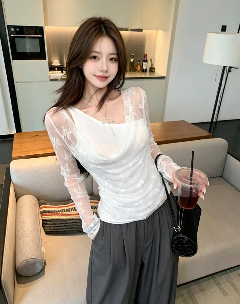 실사 정가 이른 가을 레이스 조각 페이크 레이어드 긴팔 티셔츠 불규칙 흔들다 칼라 한 단어 어깨 벨트 가슴 패드 상세 이미지 14