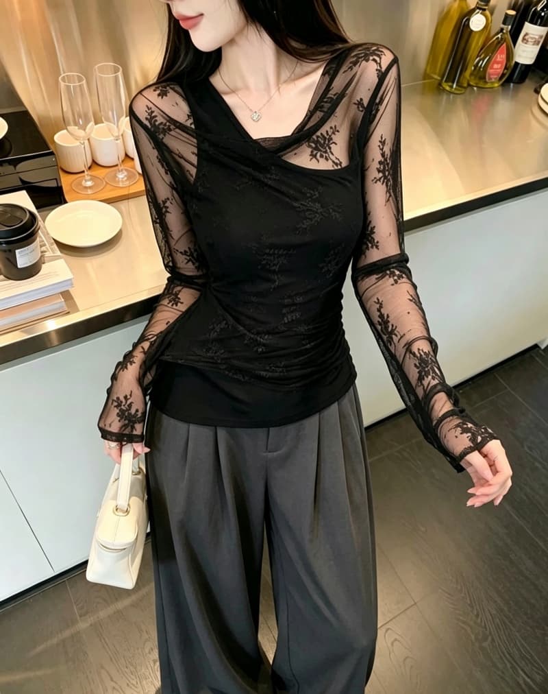 실사 정가 이른 가을 레이스 조각 페이크 레이어드 긴팔 티셔츠 불규칙 흔들다 칼라 한 단어 어깨 벨트 가슴 패드 상세 이미지 16