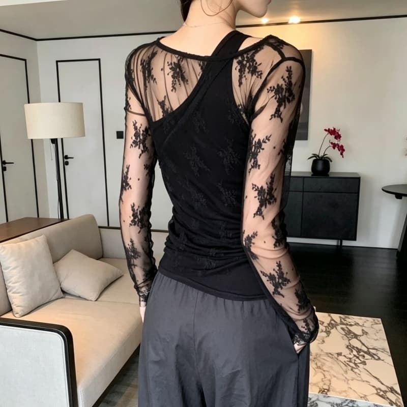 실사 정가 이른 가을 레이스 조각 페이크 레이어드 긴팔 티셔츠 불규칙 흔들다 칼라 한 단어 어깨 벨트 가슴 패드 상세 이미지 18