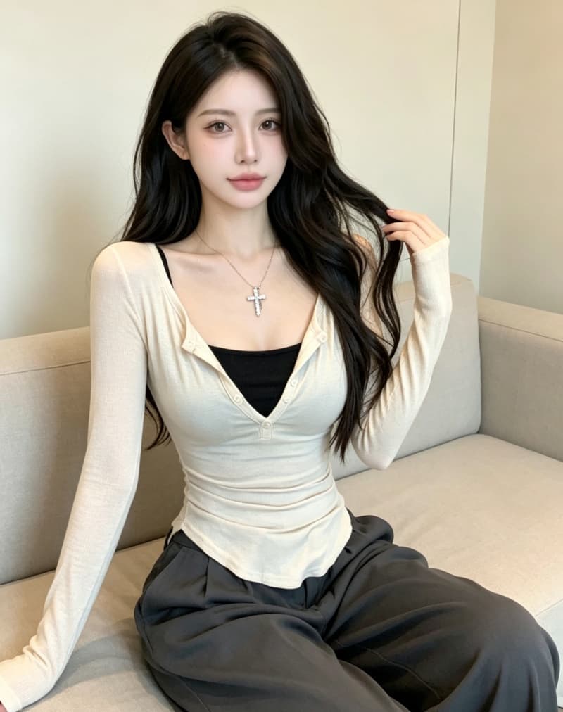실사 정가 이른 가을 순수한 욕망 디스플레이 몸 마이크로 ~을 통해 투피스 세트 긴팔 티셔츠 기본 셔츠 자외선 차단 블라우스 얇은 스타일 상세 이미지 1