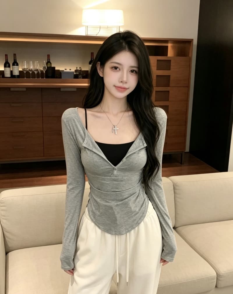 실사 정가 이른 가을 순수한 욕망 디스플레이 몸 마이크로 ~을 통해 투피스 세트 긴팔 티셔츠 기본 셔츠 자외선 차단 블라우스 얇은 스타일 상세 이미지 7