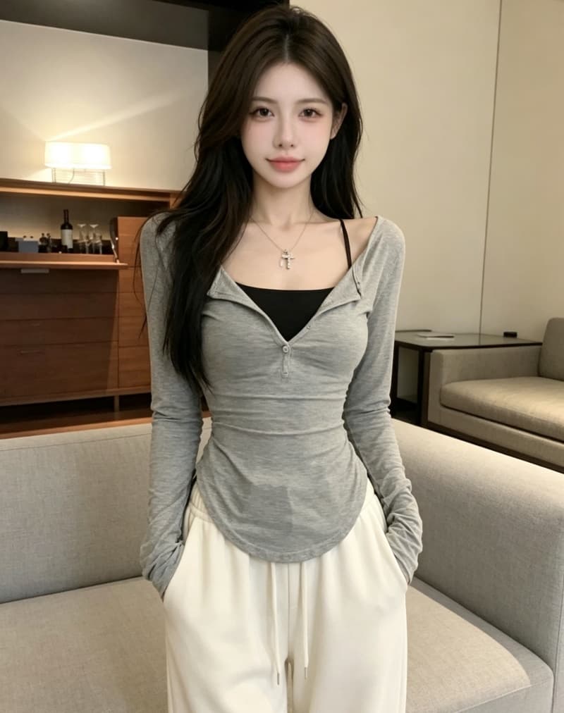 실사 정가 이른 가을 순수한 욕망 디스플레이 몸 마이크로 ~을 통해 투피스 세트 긴팔 티셔츠 기본 셔츠 자외선 차단 블라우스 얇은 스타일 상세 이미지 8