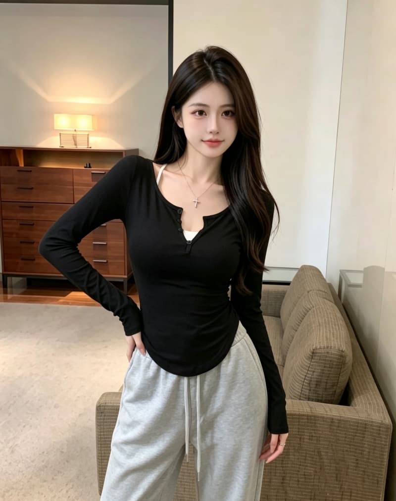 실사 정가 이른 가을 순수한 욕망 디스플레이 몸 마이크로 ~을 통해 투피스 세트 긴팔 티셔츠 기본 셔츠 자외선 차단 블라우스 얇은 스타일 상세 이미지 13