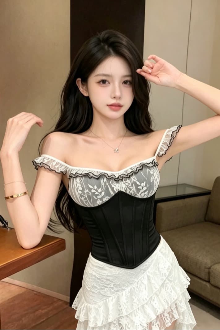 실사 정가 오프숄더 튜브탑 핫걸 레이스 레이스 섹시함 허리 코르셋 생선뼈 몸매 가꾸기 캐미솔 이미지 7