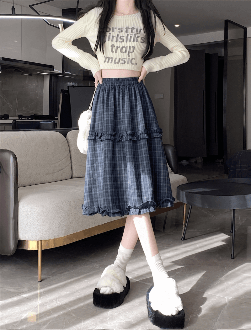 2026 년 가을 겨울 새로운 레트로 체크무늬 프릴 한 마디 반신 스커트 하이웨이스트 슬림해 보이는 연령 감소 중간 스커트 반신 스커트 이미지 4