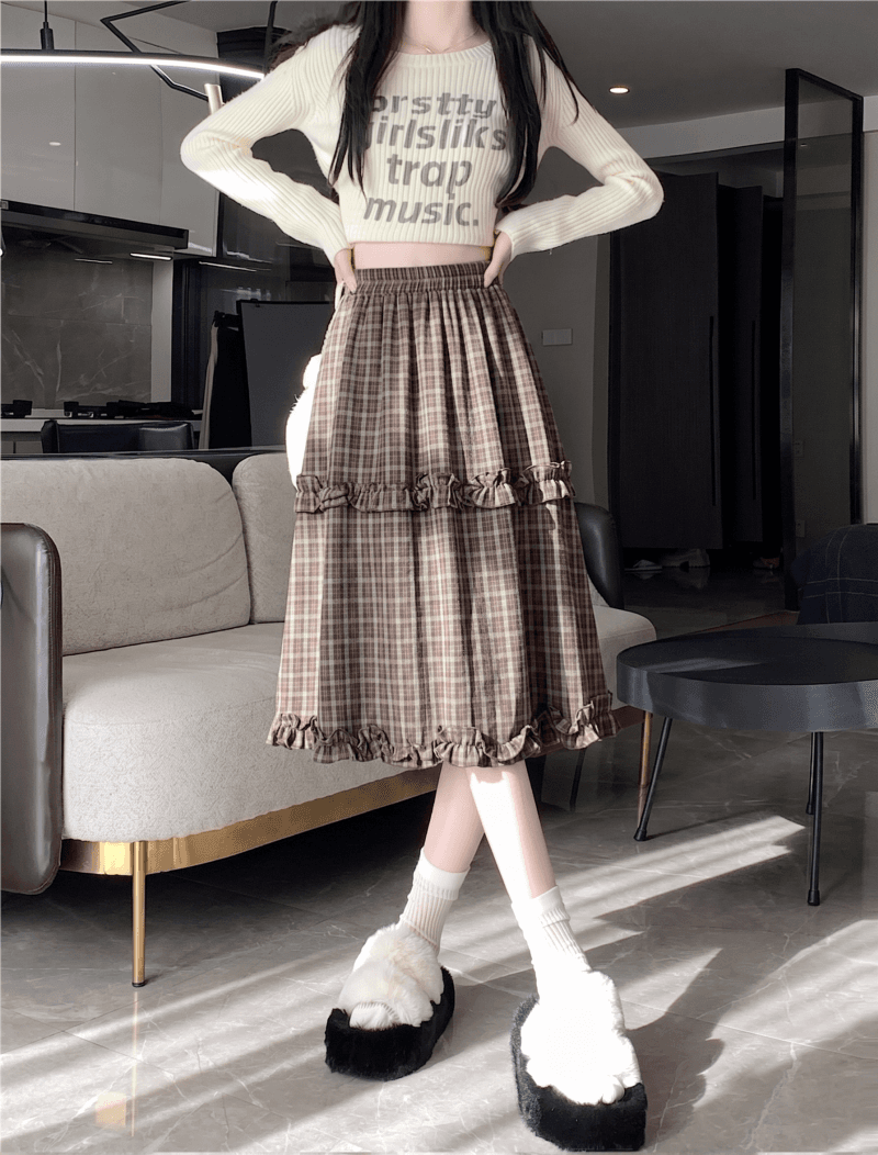 2026 년 가을 겨울 새로운 레트로 체크무늬 프릴 한 마디 반신 스커트 하이웨이스트 슬림해 보이는 연령 감소 중간 스커트 반신 스커트 상세 이미지 1