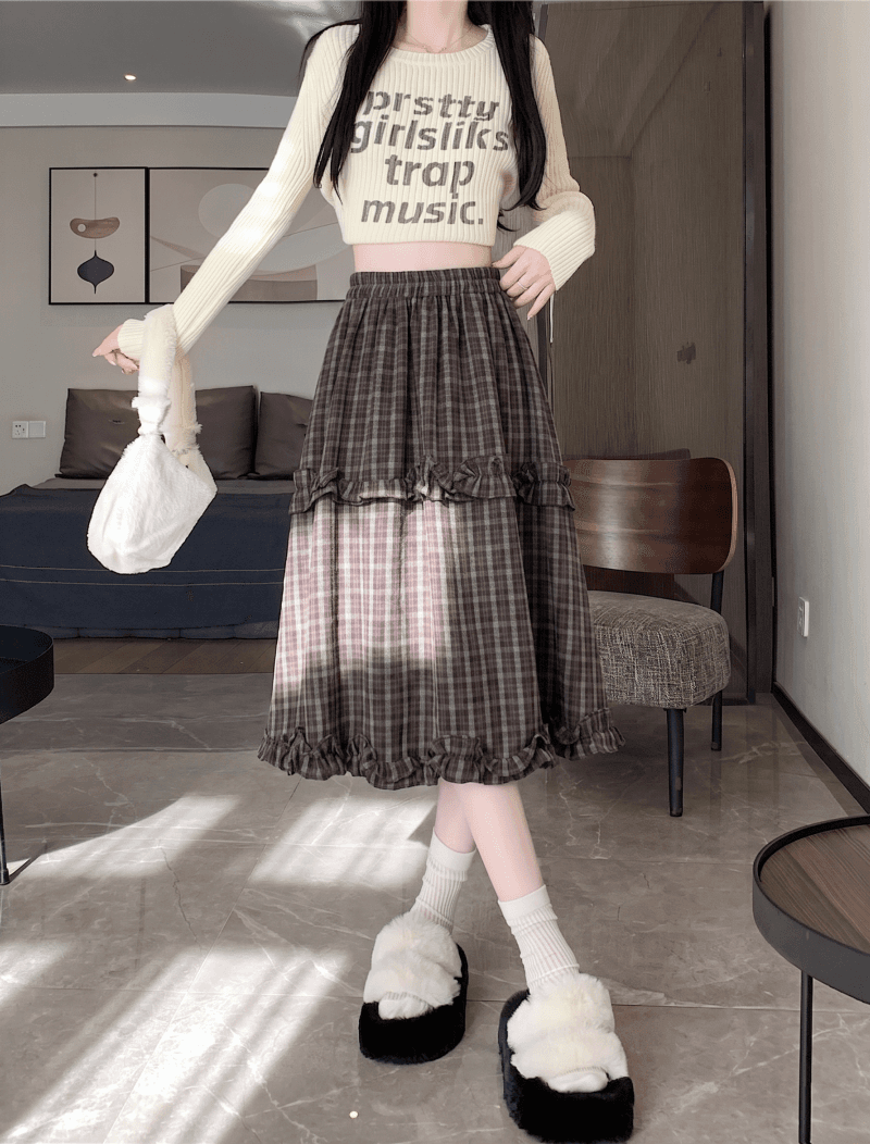 2026 년 가을 겨울 새로운 레트로 체크무늬 프릴 한 마디 반신 스커트 하이웨이스트 슬림해 보이는 연령 감소 중간 스커트 반신 스커트 상세 이미지 2