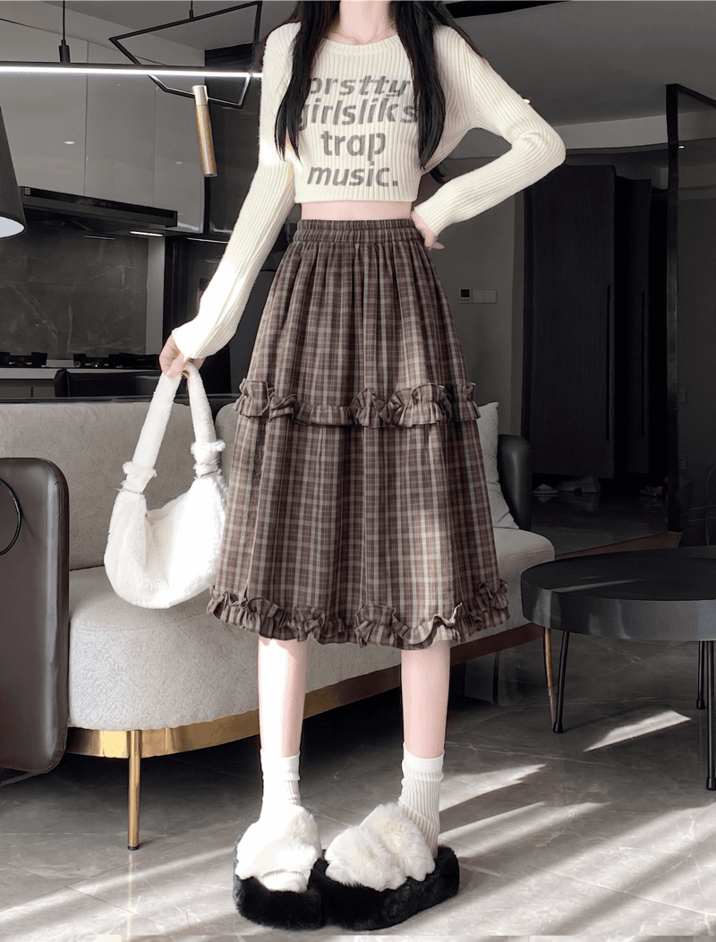 2026 년 가을 겨울 새로운 레트로 체크무늬 프릴 한 마디 반신 스커트 하이웨이스트 슬림해 보이는 연령 감소 중간 스커트 반신 스커트 상세 이미지 4