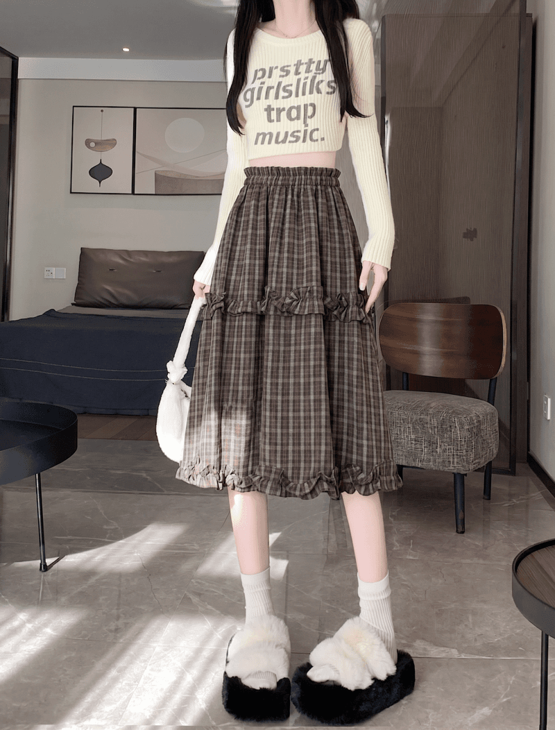 2026 년 가을 겨울 새로운 레트로 체크무늬 프릴 한 마디 반신 스커트 하이웨이스트 슬림해 보이는 연령 감소 중간 스커트 반신 스커트 상세 이미지 10