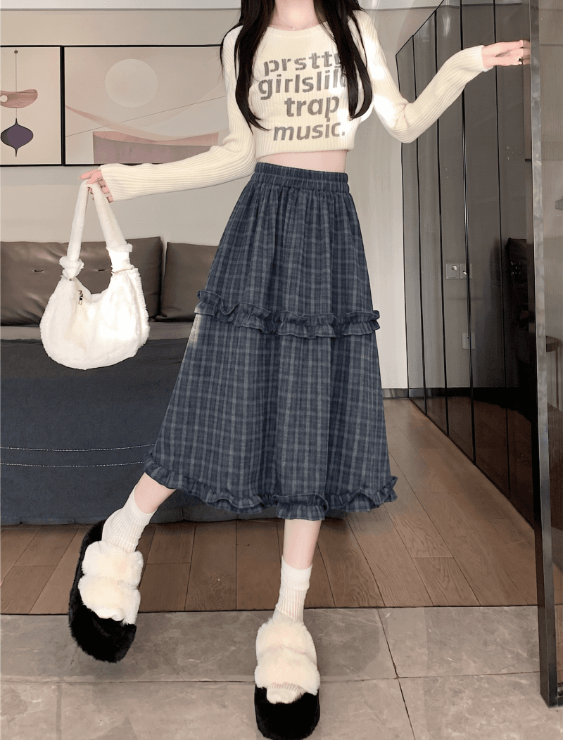 2026 년 가을 겨울 새로운 레트로 체크무늬 프릴 한 마디 반신 스커트 하이웨이스트 슬림해 보이는 연령 감소 중간 스커트 반신 스커트 상세 이미지 14