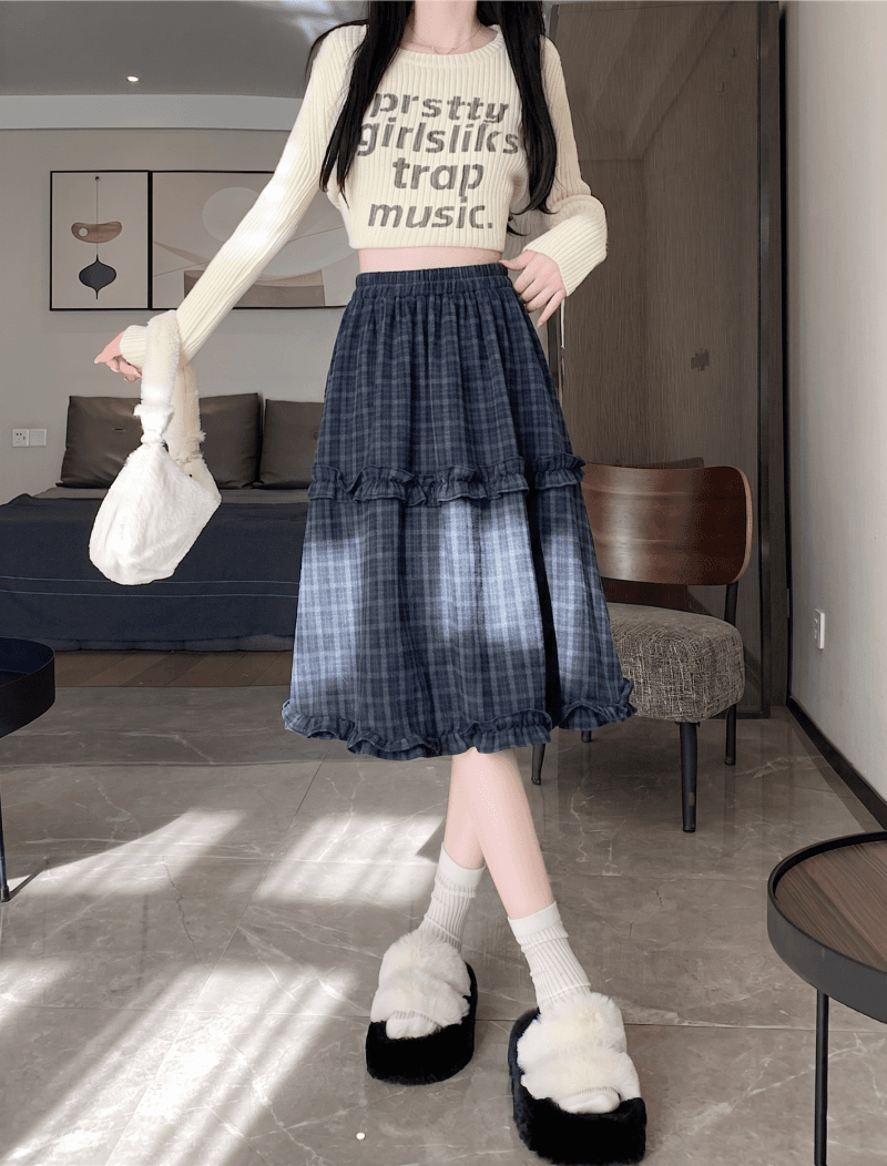 2026 년 가을 겨울 새로운 레트로 체크무늬 프릴 한 마디 반신 스커트 하이웨이스트 슬림해 보이는 연령 감소 중간 스커트 반신 스커트 상세 이미지 18