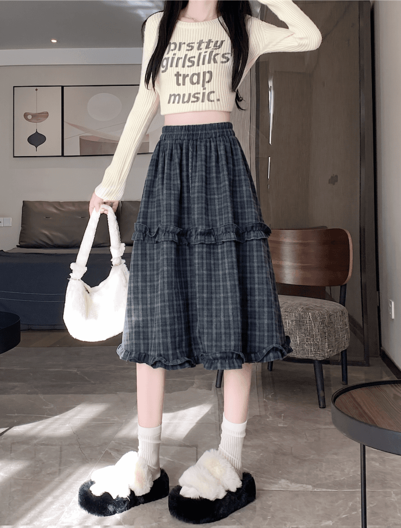 2026 년 가을 겨울 새로운 레트로 체크무늬 프릴 한 마디 반신 스커트 하이웨이스트 슬림해 보이는 연령 감소 중간 스커트 반신 스커트 상세 이미지 19