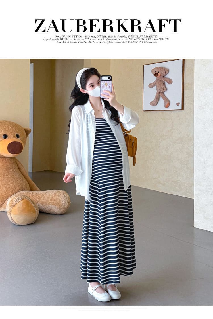실사 여름 새로운 블루 화이트 스트라이프 조끼 치마 가슴 패드 자외선 차단 셔츠 임산부 투피스 세트 상세 이미지 21