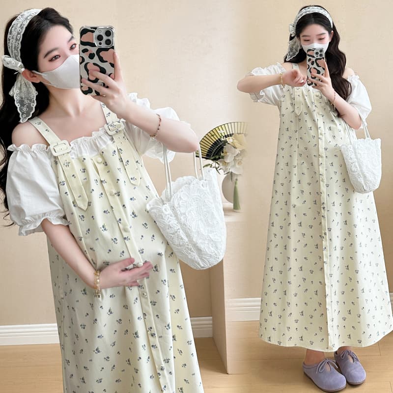 실사 여름 패션 작은 꽃무늬 멜빵 임산부 드레스 이미지 3