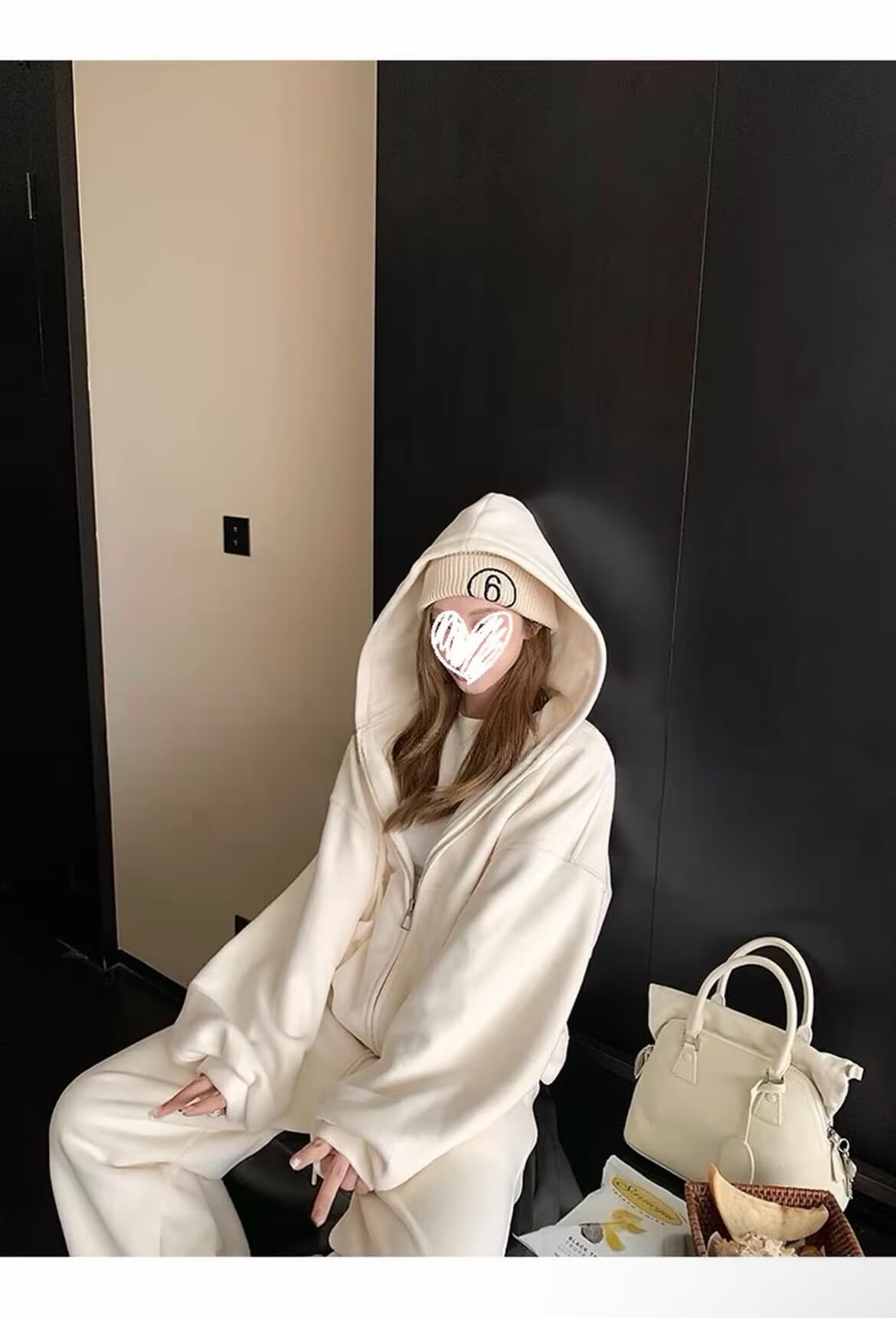 임산부 가을 겨울 세트 여성 느긋한 바람 후드 지퍼 재킷 넓은 다리 길이 바지 루즈핏 두꺼운 가정 투피스 세트 이미지 3