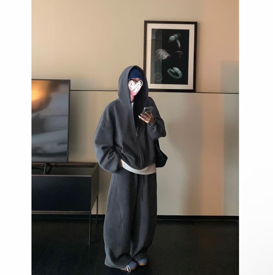 임산부 가을 겨울 세트 여성 느긋한 바람 후드 지퍼 재킷 넓은 다리 길이 바지 루즈핏 두꺼운 가정 투피스 세트 이미지 4
